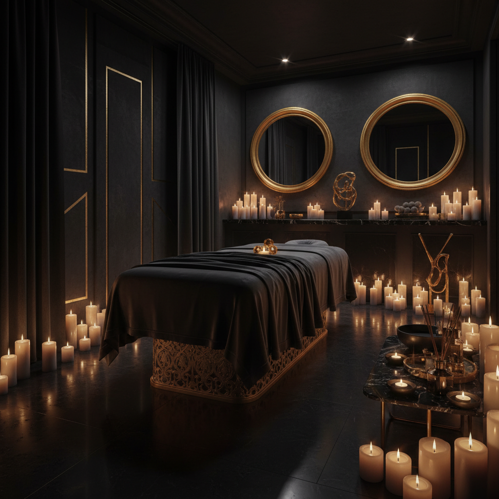 Noire sanctuary interior — low candlelight, obsidian surfaces